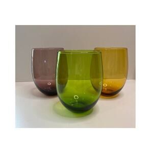 Crate and Barrel stemless wine glasses, multi color, set of 3